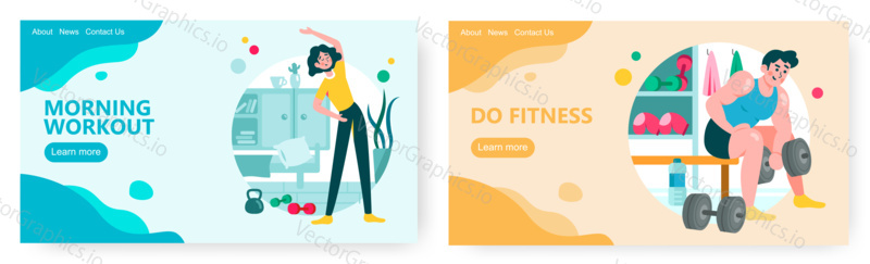 Woman exercise at home. Man work out in gym. Bodybuilder lift dumbbells. Sport concept illustration. Vector web site design template. Landing page website illustration.