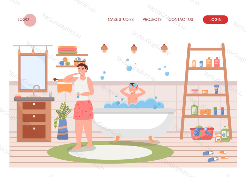 Father and son do morning hygiene routine together in bathroom. Man tooth brushing, boy bathing in bath tub. Concept illustration. Vector web site design template. Landing page website.