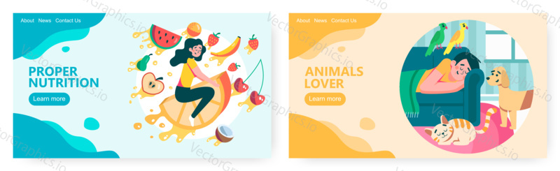 Fruits and healthy diet. Happy pet owner sleep ion sofa with dog, cat and parrots around. Animal lover concept illustration. Vector web site design template. Landing page website illustration.