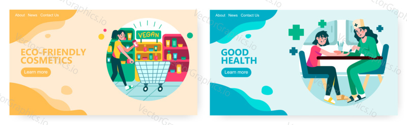 Vegan and organic cosmetics store. Nurse takes blood test sample from patient in hospital. Concept illustration. Vector web site design template. Landing page website illustration.