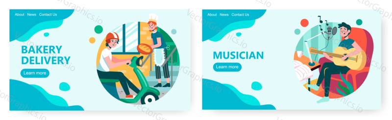 Bread and bakery delivery. Man singing and playing acoustic guitar while recording song by microphone. Concept illustration. Vector web site design template. Landing page website illustration.
