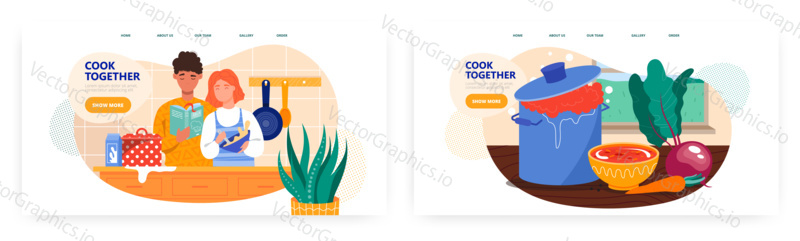 Family couple cooking together in the kitchen. Cook at home, vegetables, recipe. Concept illustration. Vector web site design template. Landing page website illustration.