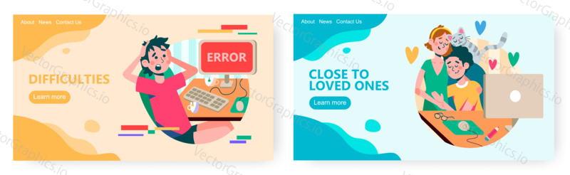 Man in panic because of computer error. Happy family and cat at home in front of computer. Concept illustration. Vector web site design template. Landing page website illustration.