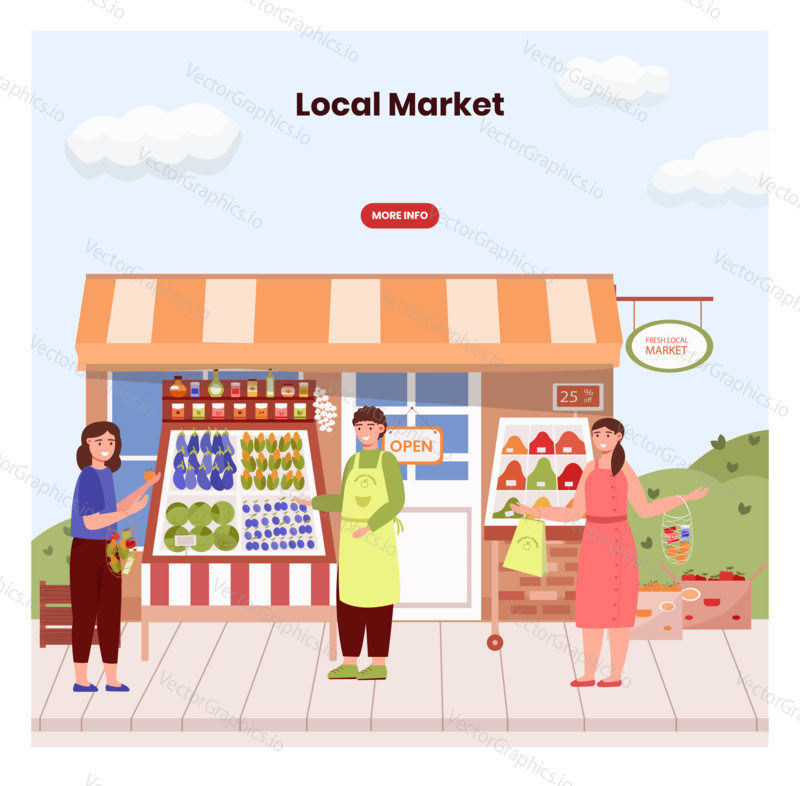 Farmer in local market offers fresh vegetables and grocery in street food stall. Farm marketplace and shop. Concept illustration. Vector web site design template. Landing page website illustration.