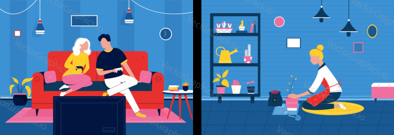 Woman plants houseplant at home. Happy couple stay at home and play game console. Concept illustration. Vector web site design template. Landing page website illustration.