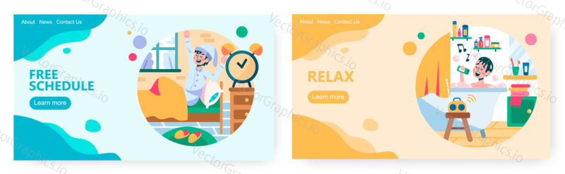 Weekend and day off time concept illustration. Vector web site design template. Landing page website illustration. Man wakes up without alarm clock. Man taking bath and sing a song. Relax, free time.