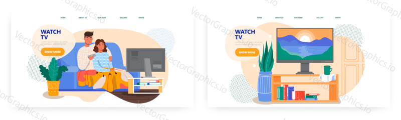 Family couple watch tv set at home. House living room interior with TV. Stay at home concept illustration. Vector web site design template. Landing page website illustration.