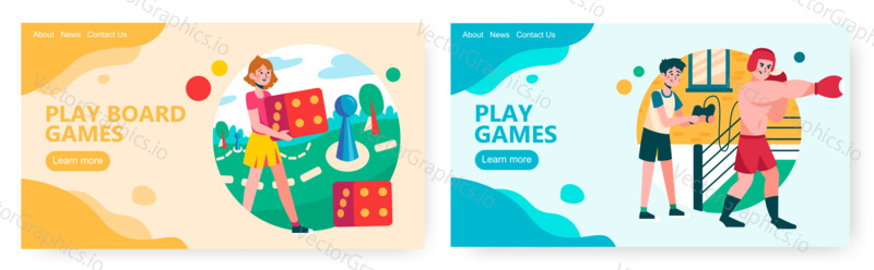 Girl plays board game and roll the dice. Guy uses controller to play boxing video game. Concept illustration. Vector web site design template. Landing page website illustration.