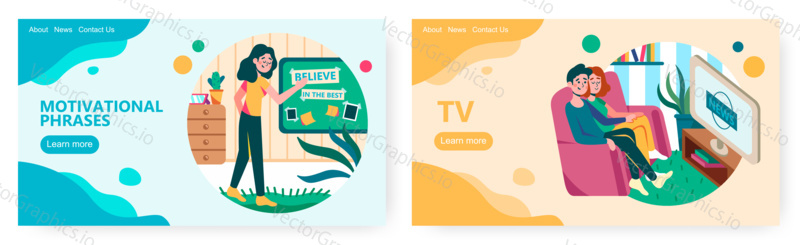 Couple stay at home and watch news on TV. Woman stick motivation quote on the board. Concept illustration. Vector web site design template. Landing page website illustration.