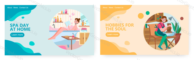 Woman relax and read book in bathrub at home. Girl making pottery from clay. Leisure activity and hobby concept illustration. Vector web site design template. Landing page website illustration.