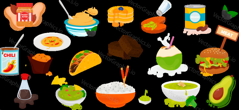 World cuisine food and meals icons isolated on white background. Vector illustration. Vegetarian and healthy food menu.