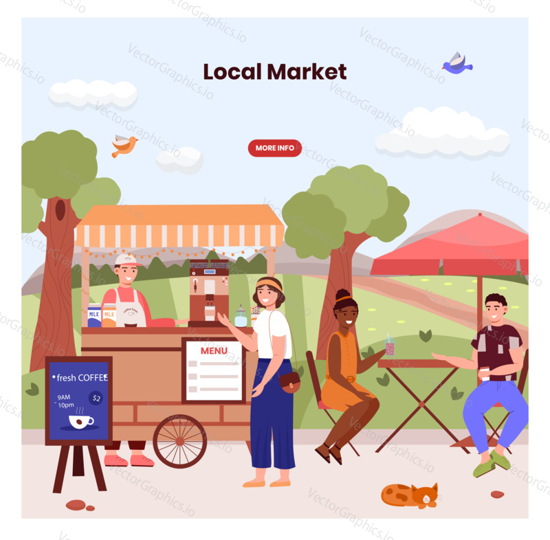 Street park cafe with table and umbrella. Couple having coffee in mobile coffee stall. Street food concept illustration. Vector web site design template. Landing page website illustration.