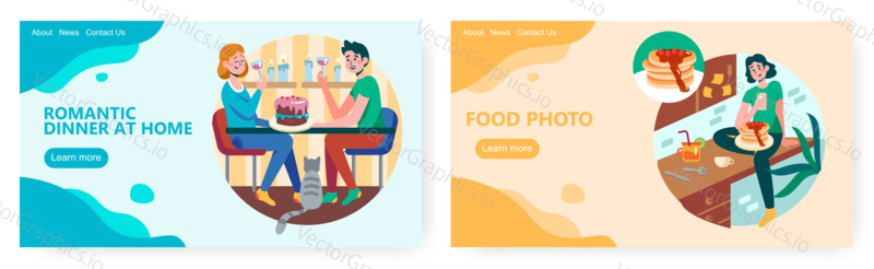 Couple has romantic dinner at home, drink wine with cake. Woman cook pancakes with syrup at home kitchen. Concept illustration. Vector web site design template. Landing page website illustration.