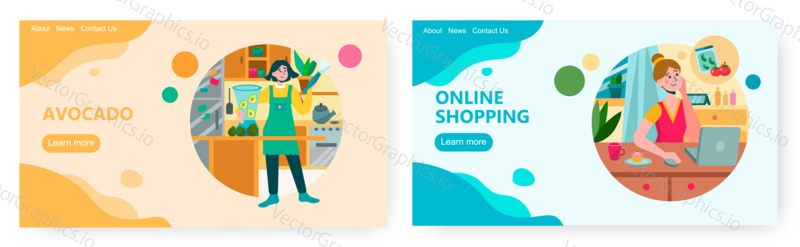 Woman makes avocado smoothie in blender. Woman order grocery food online from home. Healthy food concept illustration. Vector web site design template. Landing page website illustration.