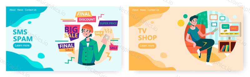 Hipster man get sms spam and marketing messages, sale and discount. Man watch tv shop, telemarketing concept illustration. Vector web site design template. Landing page website illustration.