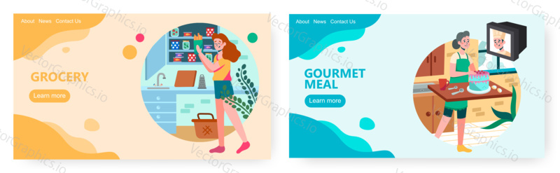 Woman put new jar in kitchen shelf. Woman watch cooking tv show and cook cake. Concept illustration. Vector web site design template. Landing page website illustration.
