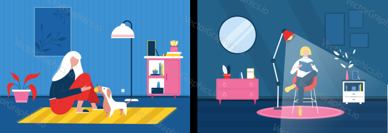 Young woman play with dog at home. Girl reading book in dark room with lamp light. Stay home concept illustration. Vector web site design template. Landing page website illustration.