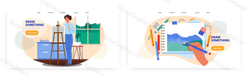Female artist painting on the easel. Landscape drawing in the notepad by color pencils. Art studio concept illustration. Vector web site design template. Landing page website illustration.