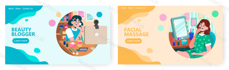 Make up artist and beauty blogger. Girl makeup in front of mirror at home. Fashion blog concept illustration. Vector web site design template. Landing page website illustration.