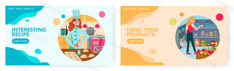 Conserve food storage room. Woman chef cooking pastry products in the kitchen. Concept illustration. Vector web site design template. Landing page website illustration.