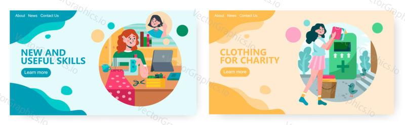 Woman use sewing machine to repair dress. Woman watch online tutorial how to sew clothes. Clothing donation concept illustration. Second hand dress illustration. Vector web site design template.