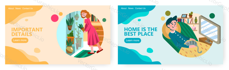 Man watch tv and relax at home. Woman take care plants in home garden. Leisure activity and free time. Concept illustration. Vector web site design template. Landing page website illustration.