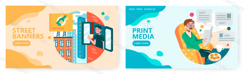 Man looks outside window and see city advertising billboard. Newspaper sale ads, print media marketing and advertisement. Concept illustration. Vector web site design template. Landing page website.