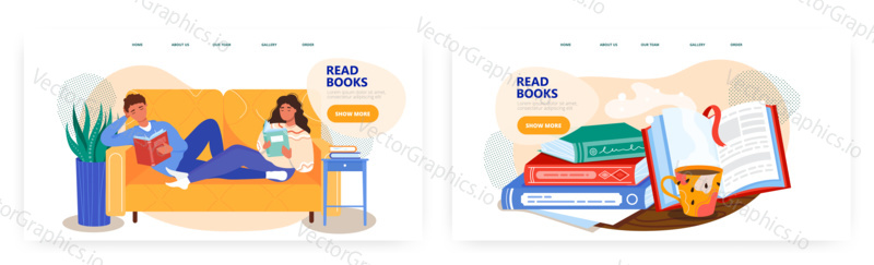 Family couple lying on sofa and reading books. Open book on a table. Knowledge concept illustration. Leisure time at home. Vector web site design template. Landing page website illustration.