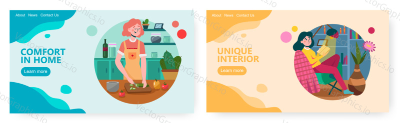 Woman cut vegetables and cook in the kitchen. Girl reading book at home in night lamp light. Concept illustration. Vector web site design template. Landing page website illustration