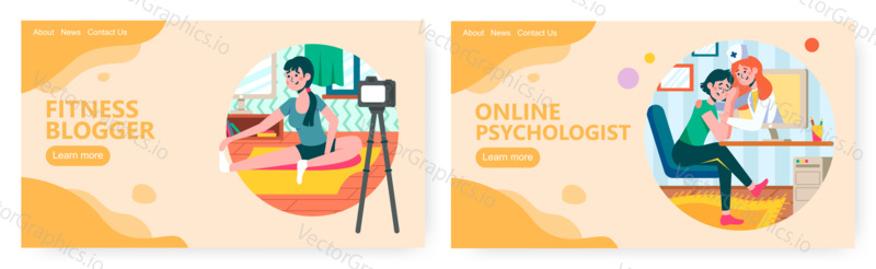 Fitness blogger gives lessons online. Psychology counseling and mental support in stress situation concept illustration. Vector web site design template. Landing page website illustration.