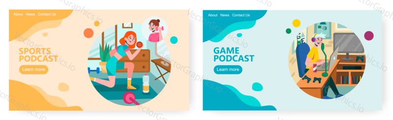 Woman exercise at home and watch fitness trainer online. Young gamer live streaming and podcast from home. Concept illustration. Vector web site design template. Landing page website illustration.