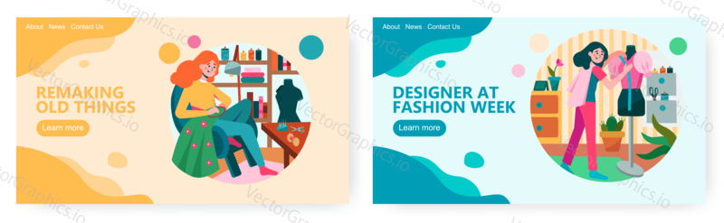 Female fashion designer create new dress collection. Woman sewing handmade clothes. Concept illustration. Vector web site design template. Landing page website illustration.