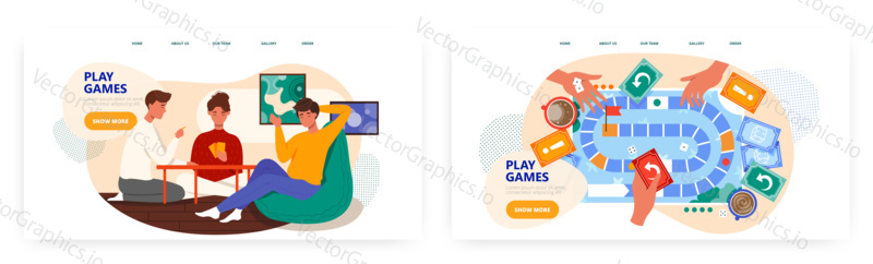 Friends play board games at home. Boardgame table top view with hands and cards. Stay home concept illustration. Vector web site design template. Landing page website illustration.