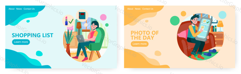 Woman shopping online from her chair at home. Concept illustration. Vector web site design template.