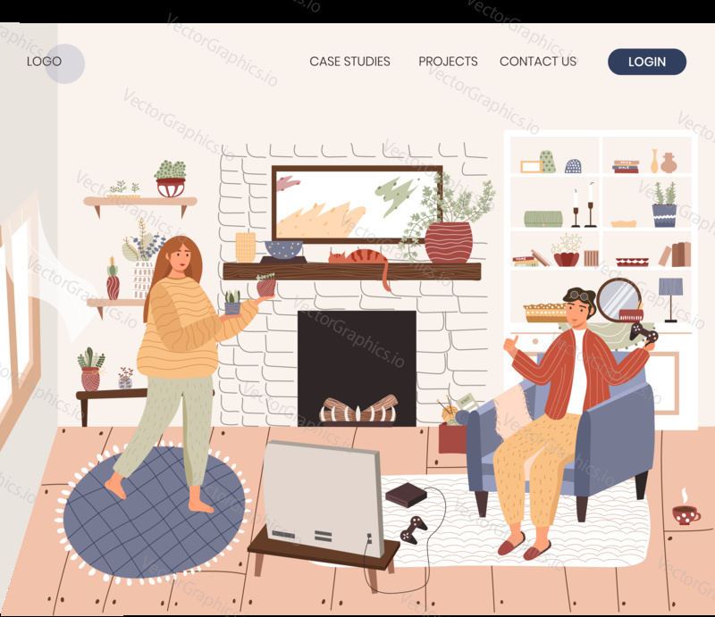 Woman take care house plant while man plays console game. Happy couple stay at home, leisure time. Concept illustration. Vector web site design template. Landing page website illustration.