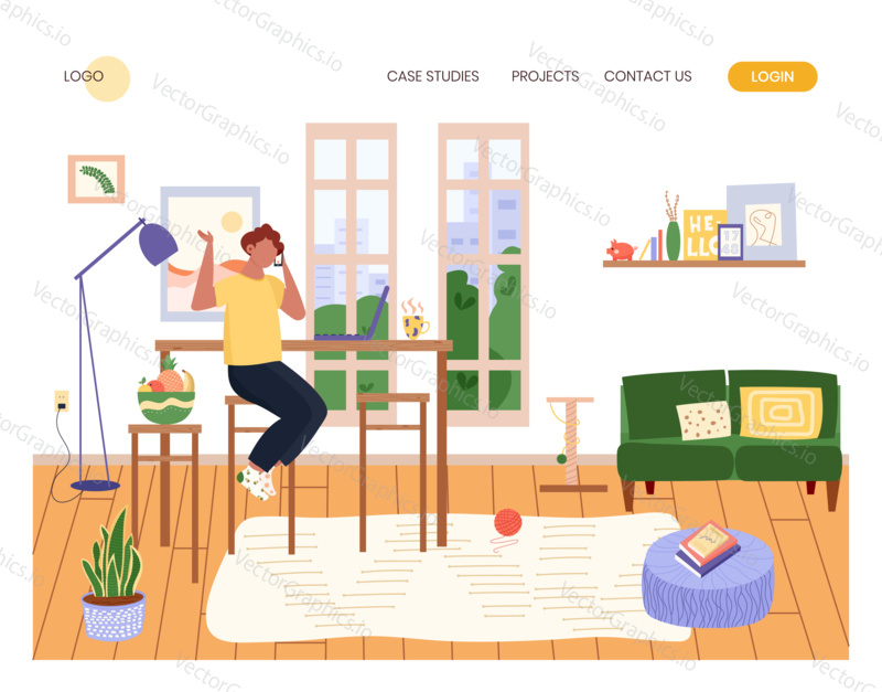 Man talk by mobile phone and work with laptop in cozy interior. Home office concept illustration. Vector web site design template. Man working at home.