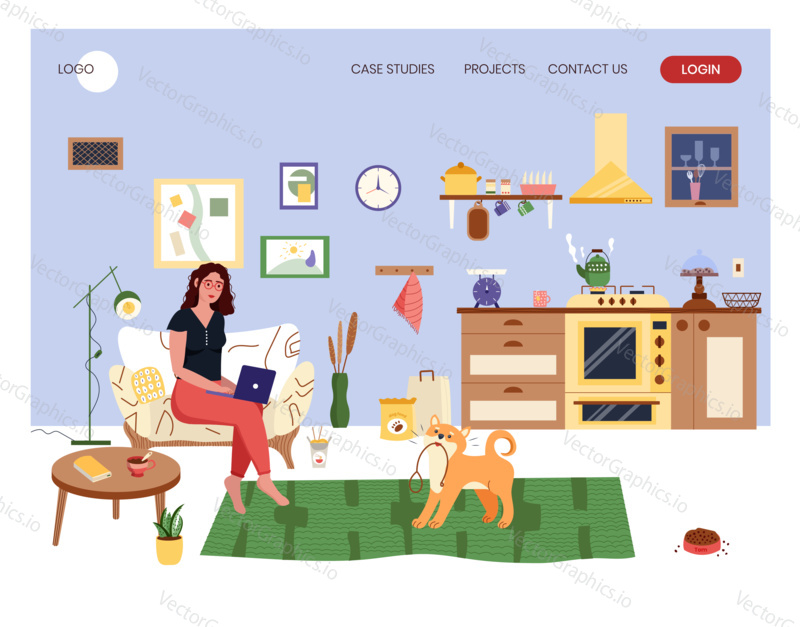 Woman sitting on a couch with laptop in cozy interior. Home office concept illustration. Vector web site design template. Girl working at home while dog wants to walk out.