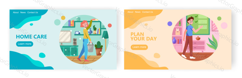 Woman clean home and remove dust. Man check todo list. Concept illustration. Vector web site design template.