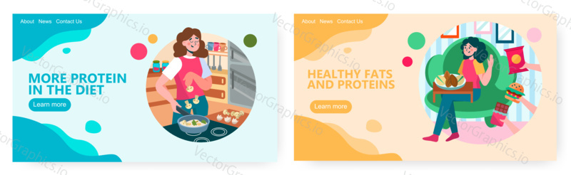 Woman cooking meal with eggs and mushrooms. Girl give up fasy food and prefer to eat nuts. Healthy food concept illustration. Vector web site design template.