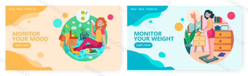 Woman check her weight on a scale and write down results. Woman talk by phone while on picnic in a park. Concept illustration. Vector web site design template.