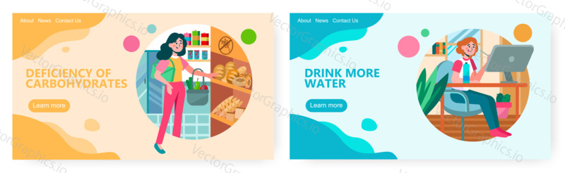 Woman buy bread in grocery store. Girl works in home office and drinks water. Concept illustration. Vector web site design template.