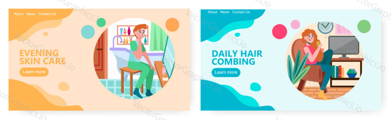 Мужчина моет лицо в ванной. Женщина расчесывает волосы дома. Иллюстрация концепции утренней рутины. Векторный шаблон дизайна веб-сайта.