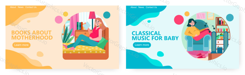 Pregnant woman reading book about motherhood. Pregnant girl listening classical music for unborn baby. Pregnancy concept illustration. Vector web site design template.