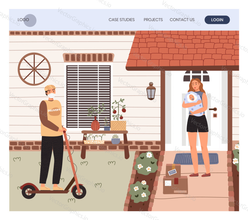 Delivered packages left at house front door. Safe contactless delivery. Prevent spread of the coronavirus. Woman with newborn baby at home, delivery man in mask on scooter. Vector illustration.