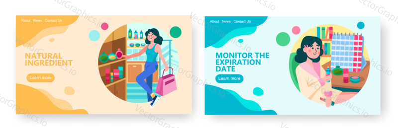 Woman buys natural organic cosmetic in beauty store. Cosmetic shop concept illustration. Vector web site design template. Landing page website illustration.