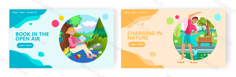 Girl staying outdoor and reading book. Stretching man exercies in a park. Leisure time concept illustration. Vector web site design template.