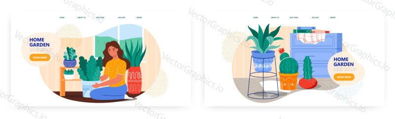 Girl taking care of house plants growing in pots. Houseplants and home garden concept illustration. Vector web site design template. Interior with cactus and green plants.
