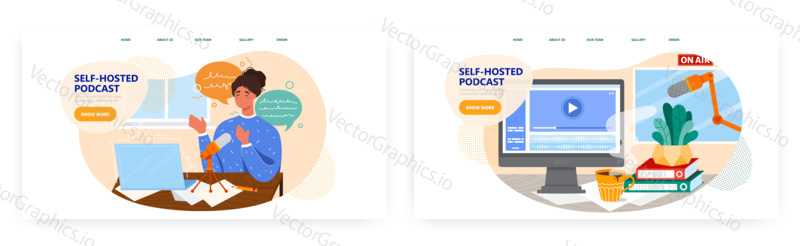 Live streaming, broadcast. Podcast concept illustration. Vector web site design template. Woman blogger, online stream in studio.