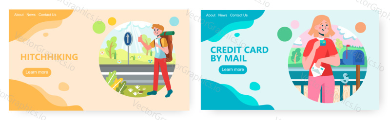 Man travels by hitchhiking on a road. Woman received credit card from bank by mail post. Concept illustration. Vector web site design template.