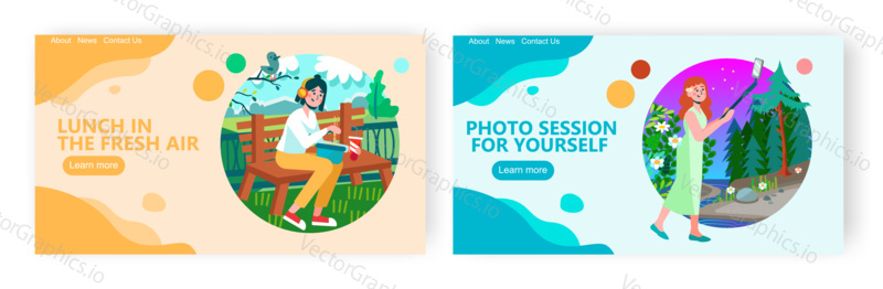 Girl having lunch break and eating noodles on a bench in park. Woman taking selfie photo with nature landscape. Travel concept illustration. Vector web site design template.
